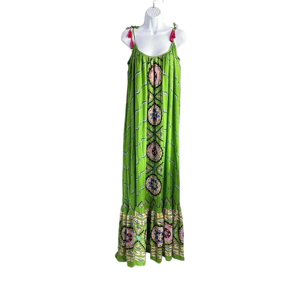 Saloni Edie Emerald Green Halo Print Tassel Tie Shoulder Silk Maxi Dress 0 NWT - Picture 6 of 13